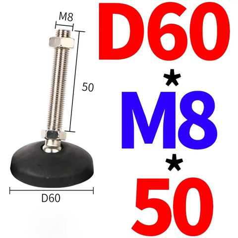Heavy Duty Adjustable Leveling Feet With Nylon Handle And Stainless Steel Threaded Studs, 40 50 60mm Base Options, M8 M10 M12 Threads, 50 To 150mm Bolt Lengths, Built To Last, Rugged Corrosion Resistant Floor Supports For Machinery, Workbenches. D60 M8 50mm base