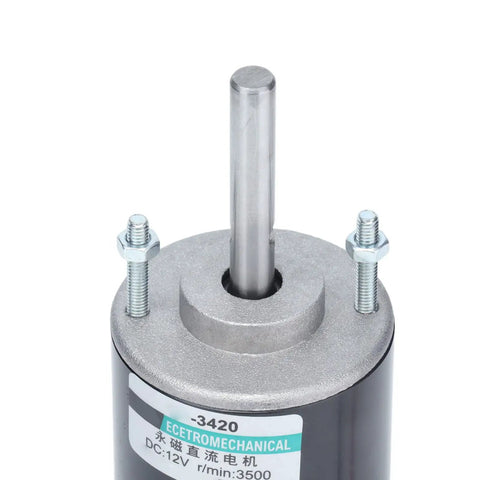 High Speed Permanent Magnet DC Motor 30W With Ball Bearings Runs Super Smooth And Quiet For Robotics DIY Projects CNC Accessories 12V 3500 RPM CW CCW Reversible Long Shaft Gear Drive System close-up of motor shaft and bearings