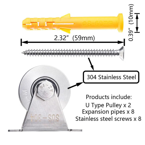 U Type Stainless Steel Groove Wheel Pulley For Wall Mounted Ceiling Lifting With Removable Double Bearing Durable Hoist Block Easy To Clean And Install Four 7mm Mounting Holes For Wood Metal Or Concrete Surfaces with 304 stainless steel, screw and anchor