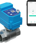 Pro Grade Smart Motorized Stainless Steel Ball Valve With LoRa Wireless Control displayed next to smartphone app interface.