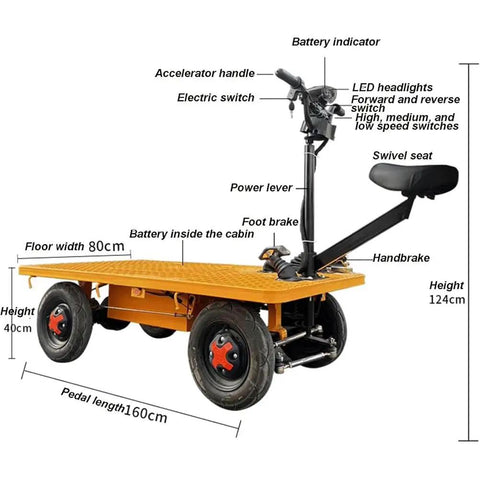 Huge Heavy Duty Electric Platform Truck Cart That Folds Like A Dream For Moving Groceries And Warehouse Gear With Slip Resistant Surface Holding Up To 2K Lbs, features detailed components.