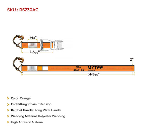 Diagram of 4 Pack 2 Inch Orange Ratchet Straps With Chain Anchors 4000 Lbs WLL Heavy Duty Cargo Tie Downs, details on size and material.
