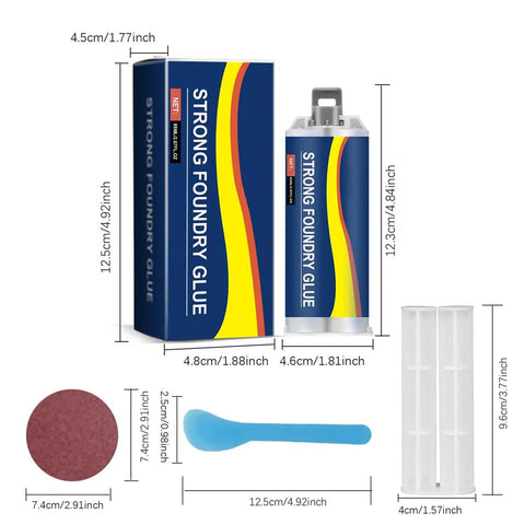 Front view: two-pack strong foundry glue for metal; blue-yellow packaging, glue tube, round sanding disc, blue spatula.