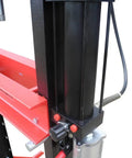 Built Tough 20 Ton Air Powered Hydraulic Shop Press With Adjustable Height Base And Dual Direction Ram Cylinder close-up of hydraulic ram and controls.