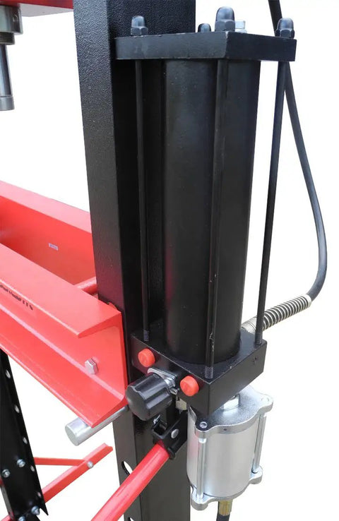 Built Tough 20 Ton Air Powered Hydraulic Shop Press With Adjustable Height Base And Dual Direction Ram Cylinder close-up of hydraulic ram and controls.