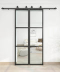 Double Sliding Barn Door Set 42 By 84 Inch With 7 Foot Hardware Kit And Soft Close Mechanism Includes Two 21 Inch By 84 Inch Three Pane Clear Glass Panels Carbon Steel Frame No Brainer Install installed