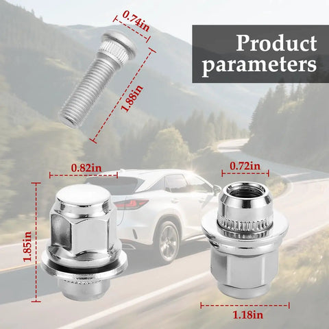 Chrome Lug Nut And Stud Set M12 X 1.5 For Car Wheels, product dimensions displayed in scenic background