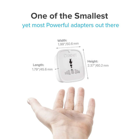 Hand holding Must Have Travel Power Adapter With Two USB Ports And Main US Socket 3 In 1 Compact Wall Charger for EU Australia China UK.
