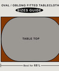Size guide for fitted oval vinyl tablecloth with flannel backing and elastic edges, ideal for tables up to 48x68 inches.