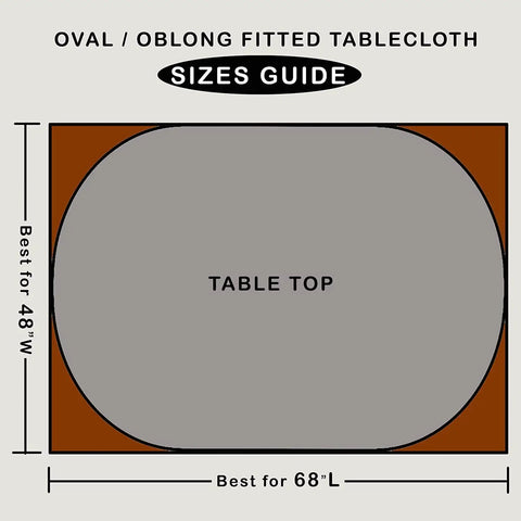 Size guide for fitted oval vinyl tablecloth with flannel backing and elastic edges, ideal for tables up to 48x68 inches.
