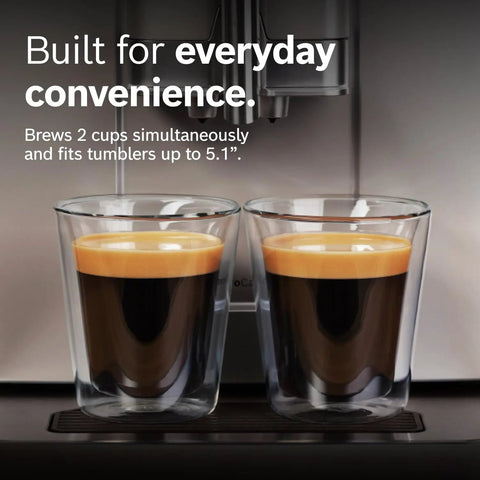Two espresso cups brewed by One Touch Espresso And Coffee Maker With Ceramic Grinder Barista Style Milk Froth Bean To Cup Brewing Large Bean Hopper Easy Clean Maintenance Silver TIU20307