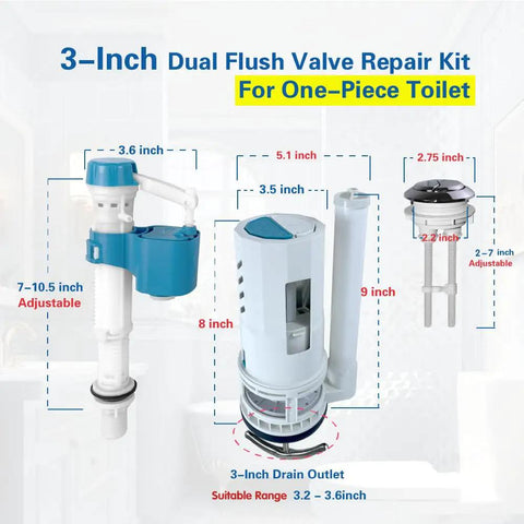 3 Inch Dual Flush Valve Repair Kit For One Piece Toilet With 10 To 13 Inch Tank, showing valve parts and measurements.