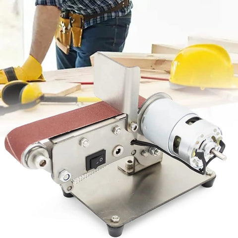 Heavy Duty Electric Belt Sander with 0-90 Degree Adjustable Work Table, metal motor and sanding belt for woodworking projects.