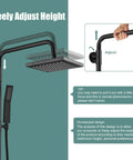 Freely adjustable matte black rain shower system set with exposed fixtures showcasing 8 inch rainfall head and handheld sprayer.