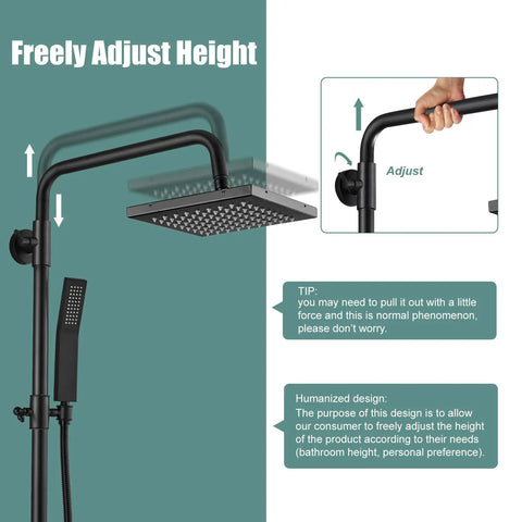 Freely adjustable matte black rain shower system set with exposed fixtures showcasing 8 inch rainfall head and handheld sprayer.