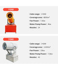 Industrial Fog Cannon System YG50 and YG60 details, long throw atomization, stable support frame for construction sites.