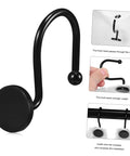 Heavy Duty Metal Shower Curtain Hooks Set 12 Pack Rust Resistant Glide Rings For Standard Curtains No Fuss Install Durable Hanging Hooks For Shower Rods And Drapery Smooth Sliding, black hook detail