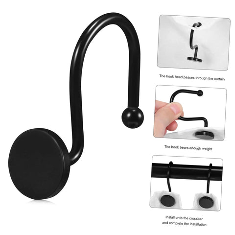 Heavy Duty Metal Shower Curtain Hooks Set 12 Pack Rust Resistant Glide Rings For Standard Curtains No Fuss Install Durable Hanging Hooks For Shower Rods And Drapery Smooth Sliding, black hook detail