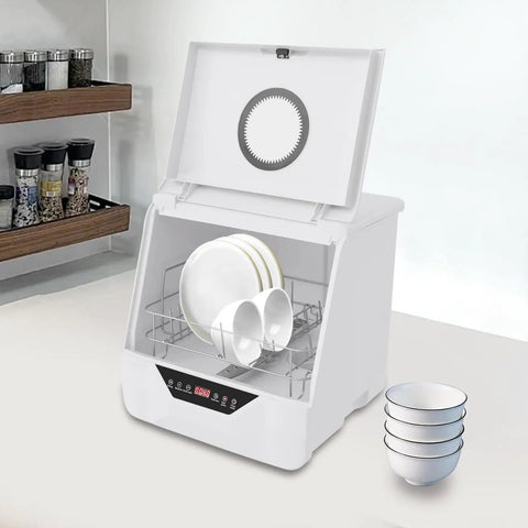 Slick Compact Countertop Dishwasher With Four Fast Wash Cycles And Chill Noise Level To Blast Dirty Dishes For Household Crews And Small Apartment Sets, with dishes inside.