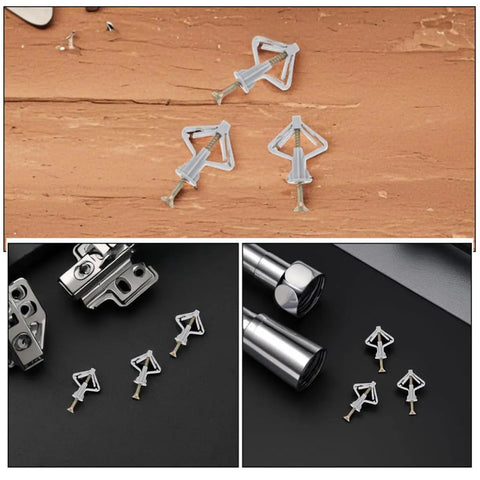 50 Piece Drywall Anchors Kit With Screws Plastic Butterfly Anchors displayed on wood and black surfaces for home decor projects