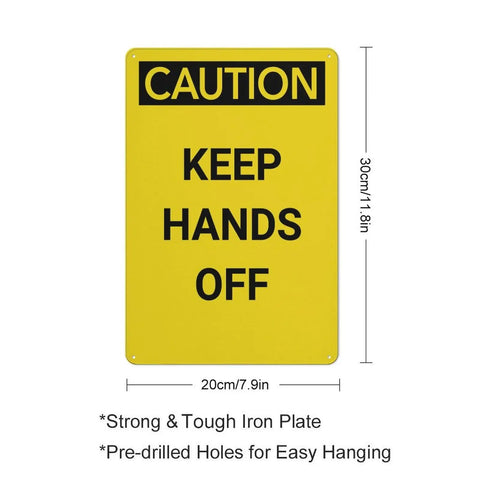 Keep Hands Clear Caution Sign 8x12 Aluminum UV Safety Plaque on white background with dimensions and installation notes visible