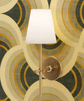 Sconce lamp with white shade and gold finish mounted on Top Shelf Gold Metallic Scallop Wallpaper For Fresh Room Glow Ups.