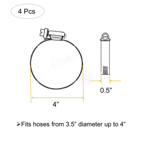 4 Inch Adjustable 304 Stainless Steel Duct Clamps Set Of 4 Worm Drive Hose Clamps diagram showing measurements