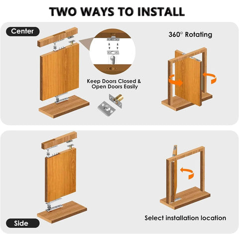 Diagram showing installation of Hidden Door Pivot Hinge 360 Degree Stainless Steel Heavy Duty 300lbs Capacity For Secret Bookcase Doors And Concealed Cabinets Sleek Discreet Hardware For Wood Cabinets And Modern Homes