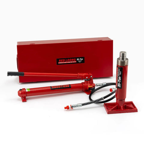 Heavy Duty 6-20 Ton Porta Power Hydraulic Jack Kit With Ram Pump Set, red metal tools, showing pump and ram components.