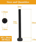 105 Piece M2 x 20mm Socket Head Cap Screws Set With 0.4mm Thread Pitch Black Oxide Finish Fully Threaded 12.9 Grade Alloy Steel Ideal For DIY Projects Rc Electronics And Small Machinery, M2 x 20mm black screw size chart