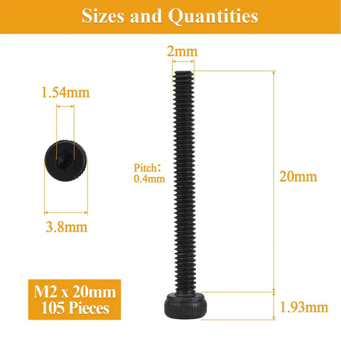 105 Piece M2 x 20mm Socket Head Cap Screws Set With 0.4mm Thread Pitch Black Oxide Finish Fully Threaded 12.9 Grade Alloy Steel Ideal For DIY Projects Rc Electronics And Small Machinery, M2 x 20mm black screw size chart
