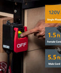 No Sweat Workshop Rig 120V Magnetic Knee Activated Emergency Stop Switch With 5.5 Foot Cord for Table Saws, showing activation.