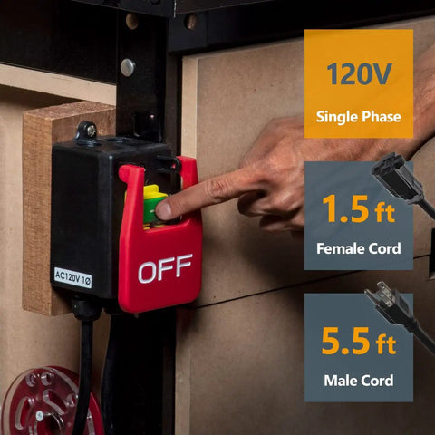 No Sweat Workshop Rig 120V Magnetic Knee Activated Emergency Stop Switch With 5.5 Foot Cord for Table Saws, showing activation.