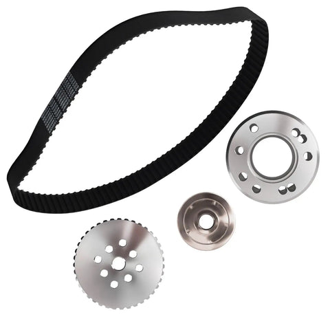 Hardcore Billet Gilmer Belt Drive Pulley Kit For Small Block Chevy 283 305 327 350 383 400 Featuring Chrome Alternator And Water Pump Set including pulleys and belt.
