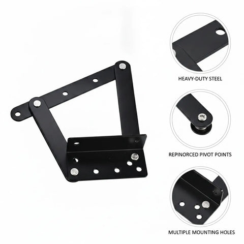 Heavy Duty Lifting Hinge Pair for DIY Furniture Projects displaying cold rolled steel support with black finish and pivot points.