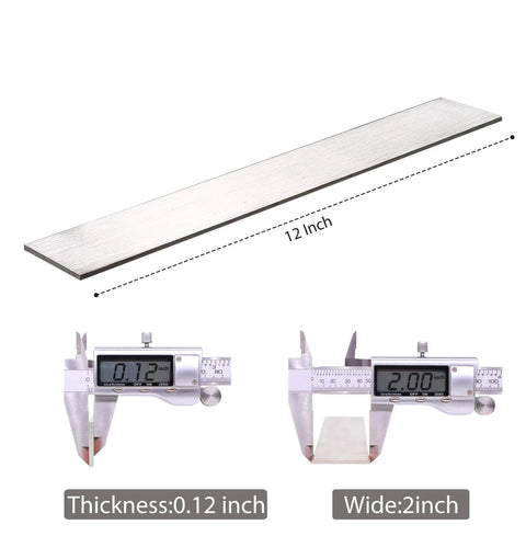 304 Stainless Steel Flat Bar 12 Inch By 2 Inch By 0.12 Inch HYGMPDAS with digital caliper measurements