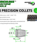 Diagram and case of High Precision 13 Piece Spring Collet Set for ER11 Tool Holders 1mm to 7mm Range with 0.0003 Inch TIR