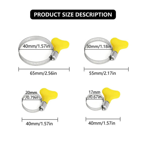 Diagram showing sizes of a 6Pcs Adjustable Hose Clamps Set Stainless Steel Worm Gear Clamps 10 38mm With Yellow Thumb Screw