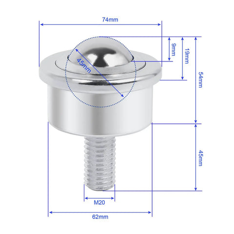 Diagram of Beefed Up Heavy Duty Roller Ball Transfer Bearing Caster With M20 Screw Ball Transfer Unit, dimensions labeled