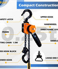 Diagram of Chain Hoist Come Along One Quarter Ton With Ten Foot Lift 550 Lbs Capacity G80 Manganese Chain detailing parts and features