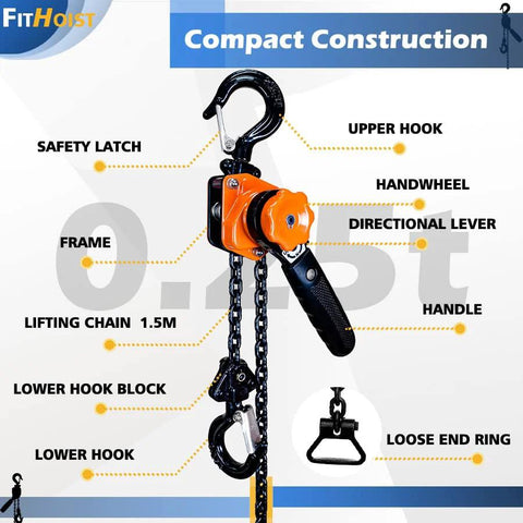 Diagram of Chain Hoist Come Along One Quarter Ton With Ten Foot Lift 550 Lbs Capacity G80 Manganese Chain detailing parts and features