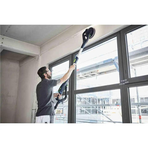 Man using PLANEX LHS 2 225 EQI Plus Drywall Sander With LED Ring Light Arm Friendly Adjustable Suction Power on a ceiling
