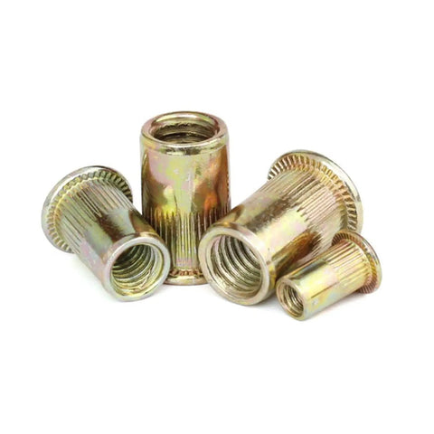 Bulk 10 Pack Flat Head Threaded Insert Nuts M3 To M12, Zinc plated steel rivet nuts with knurled body, various sizes.