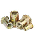 Solid 10 Pack Flat Head Threaded Insert Nuts M3 To M12 High Carbon Steel With Zinc Plating showing various sizes of threaded insert nuts.