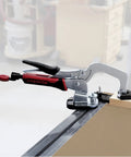 Side view of Universal T-Track Clamping System for Woodworking with Non Marring Base, installed on a workbench