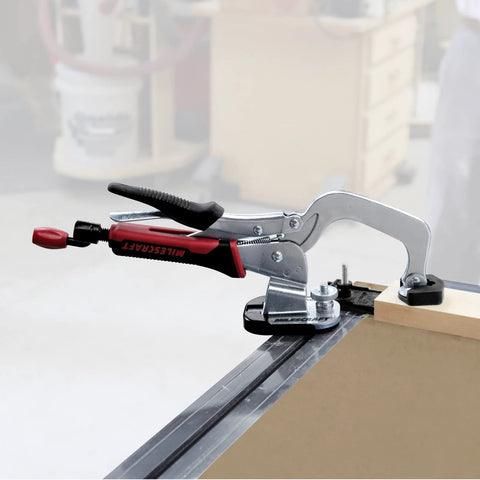 Side view of Universal T-Track Clamping System for Woodworking with Non Marring Base, installed on a workbench