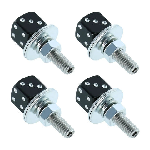 Dope Motorcycle License Plate Screws Four Piece Set Featuring Dice Bolt Decoration For Cars Bikes Hella Cool Custom Vehicle Hardware in black finish.