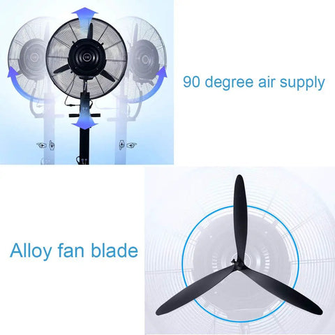 Built Tough Industrial Floor Misting Fan With Auto Swivel showing 90 degree air supply with alloy fan blade for cooling large spaces.