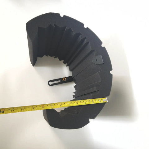 Heavy Duty High Density Acoustic Foam Mic Shield For Studio Recording And Podcasting with measuring tape showing size.