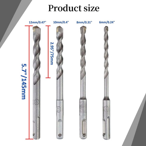 Rannb SDS Plus masonry drill bit set, 4-piece 6-12 mm bits for concrete and brick (front view)